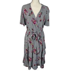 Torrid SZ 2 (2X-Large) Midi Dress Floral Striped V-Neck Belted Flutter Sleeves